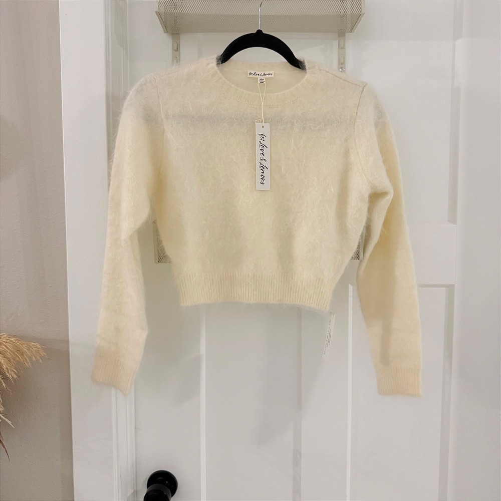 For Love & Lemons Cream Brushed Cashmere Fuzzy Cropped Crewneck Sweater XXS NWT